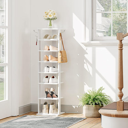 HOOBRO 8 Tiers Vertical Shoe Rack, Wooden Shoe Storage Organizer with Hooks, Narrow Shoe Tower for 8 Pairs, Space Saving, for Entryway, Living Room, Bedroom, Rustic Brown BF07XJ01G1