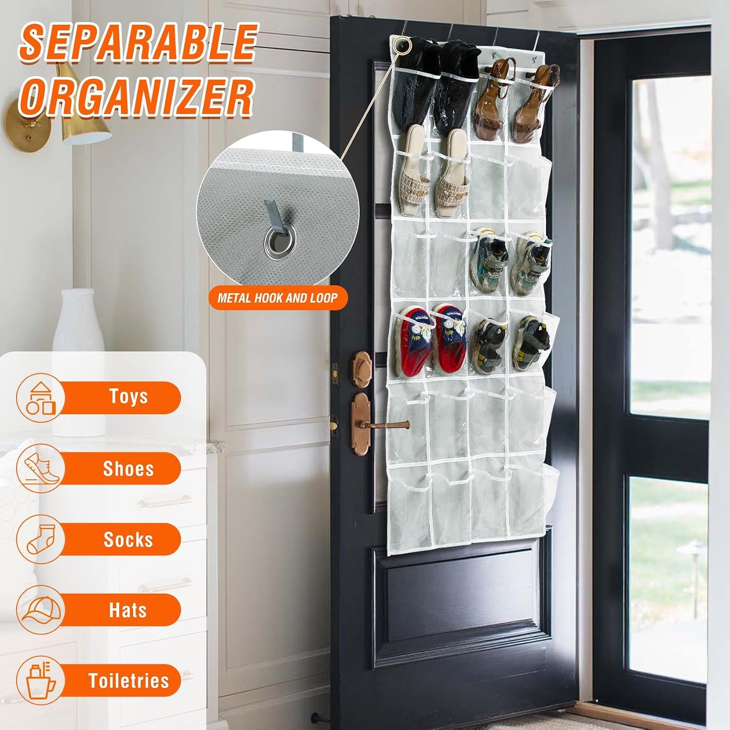 GOMAJI Over the Door 24 Pocket Hanging Shoe Organizer, Space Saving Hanging Storage Holder, Gray, (56" X 22.5")