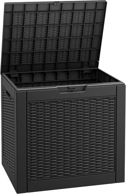 Fancyango 75 Gallon Outdoor Deck Box Waterproof, Large Storage Box for Patio, Resin Storage Bench Lockable for Garden Tools, Package Delivery, Black