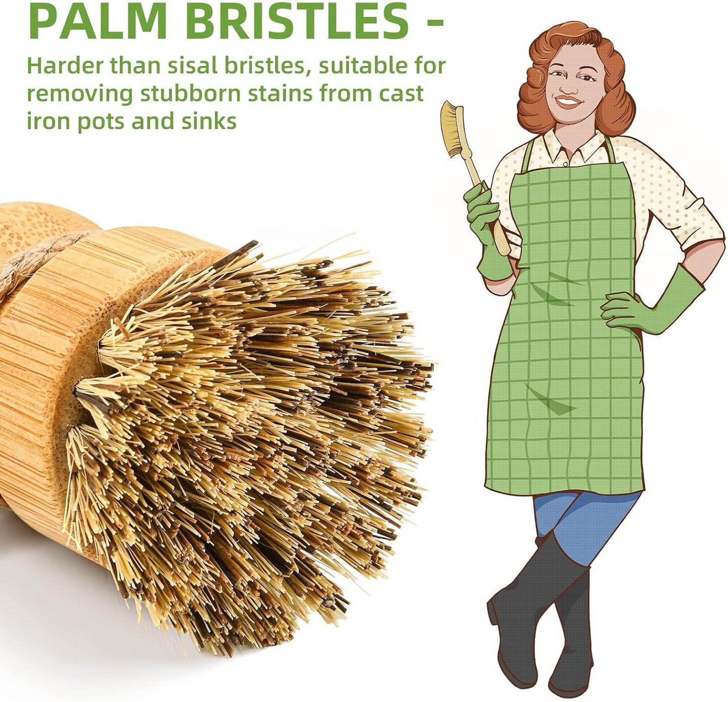 Bamboo Dish Scrub Brushes,Kitchen Wooden Cleaning Scrubbers Set for Washing Cast Iron Pan/Pot, Natural Sisal Bristles, Set of 3