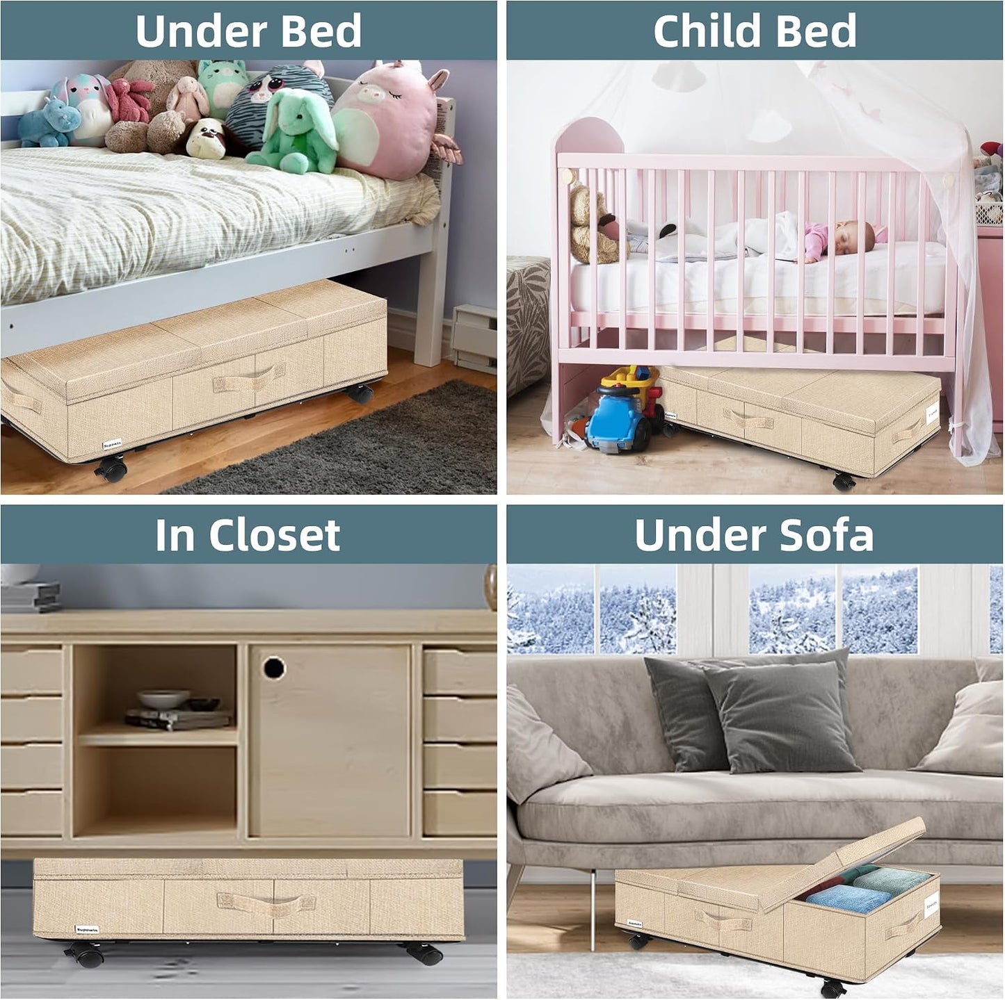Supowin Under Bed Storage with Wheels, Rolling Underbed Storage Containers with Lids, Under Bed Shoe Storage Bins Organizer with Reinforced Metal Bottom Support and Three Handles