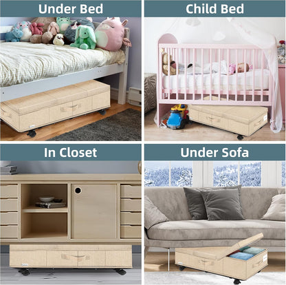 Supowin Under Bed Storage with Wheels, Rolling Underbed Storage Containers with Lids, Under Bed Shoe Storage Bins Organizer with Reinforced Metal Bottom Support and Three Handles