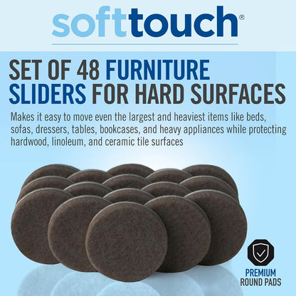 SoftTouch 1.5" Round Reusable Felt Furniture Sliders for Hard Surfaces, Noise-Reducing Adhesive Moving and Protective Pads for Cabinets, Chairs, Tables & Decorative Items Set of 48, Brown