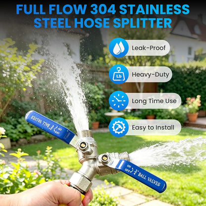 2 Way Garden Hose Splitter, 304 Stainless Steel Full Flow Y Valve with Long Blue Handle, Lead-Free 3/4" GHT Thread Hose Connector for Outdoor Faucet, Independent Shut Off Valves