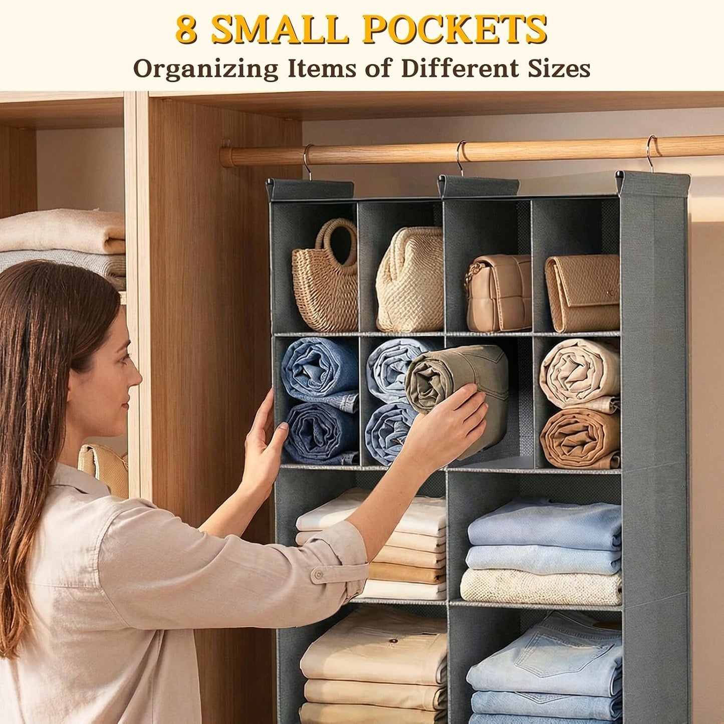 Ofiray-home 6 Tier Hanging Closet Organizer, 16 Compartments Sweater Organizer for Closet with 3 Sturdy Hooks, Closet Organizers and Storage, Wardrobe, Rv, Garment Rack, Grey