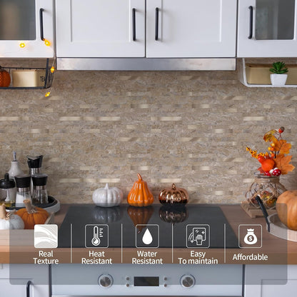 Yipscazo 2026 New Upgrade 11.34" X 11.57" Peel and Stick Backsplash, Stick on Backsplash Tiles for Kitchen, Bathroom, Fireplace (10 Sheets, Beige Rocks + Rose Gold)