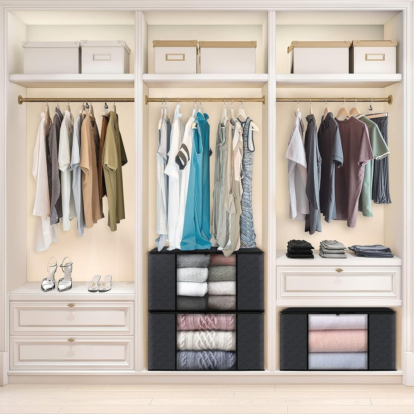 Fab totes 6 Pack Storage Bags for Clothes and Blanket, Foldable Closet Organizers and Storage with Zippers, Clear Window and Handles, Fabric Storage Bins for Sweater, Comforter, Bedding,Linen Sheets