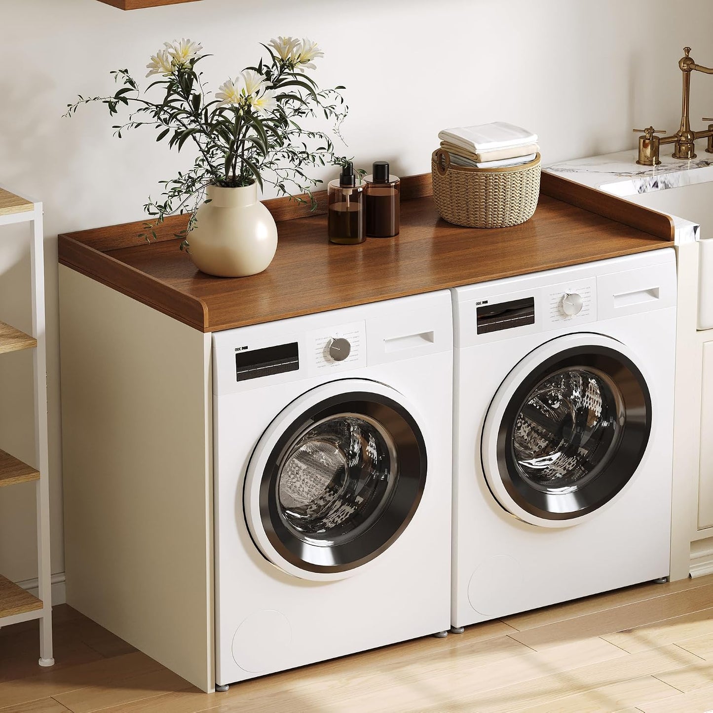 ChooChoo 2-Tier Washer Dryer Countertop with Adjustable Shelf, Spacious Laundry Room Storage for Folding Clothes and Efficient Organization, Walnut