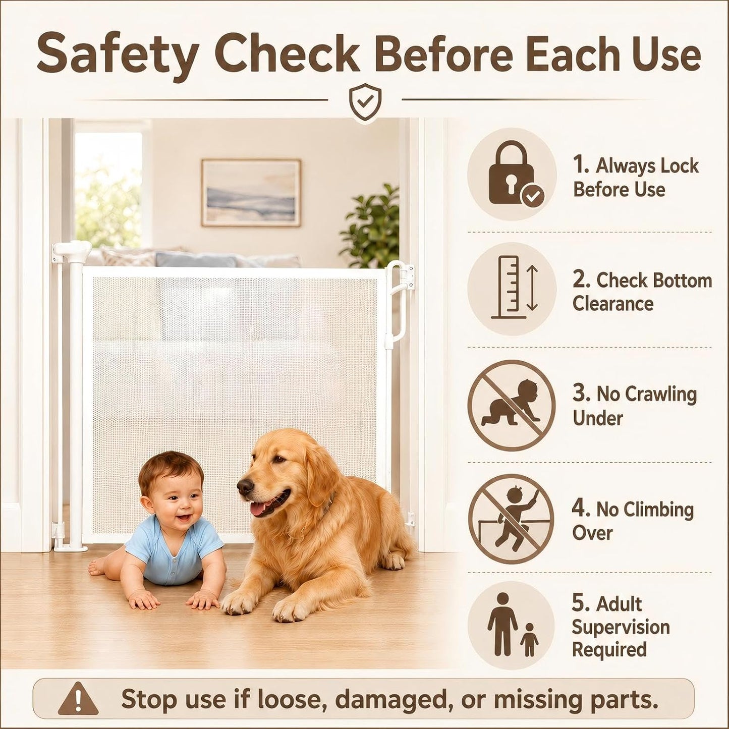 SPACEANY Retractable Safety Baby Gate or Mesh Dog Gate,Durable Portable Mesh Retractable Gate,Easy to Use for Stairs, Doorways, Hallways, Indoor, Outdoor, 33.5" Tall, Up to 45" Wide, Cream