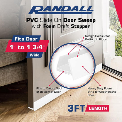 PVC Slide on Door Sweep with Foam Draft Stopper/Sweep for Doors 1" - 1 3/4" Wide - 3 FT Long (Brown)