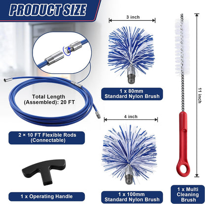 Dreyoo Pellet Stove Cleaning Brush Kit, 20 FT Flexible Steel Rod with 3" Brush Head, T Handle, Multi Purpose Flue Detail Cleaner, Nylon Stove Flue Pipe Kit for Pellet Furnace Exhaust Pipes