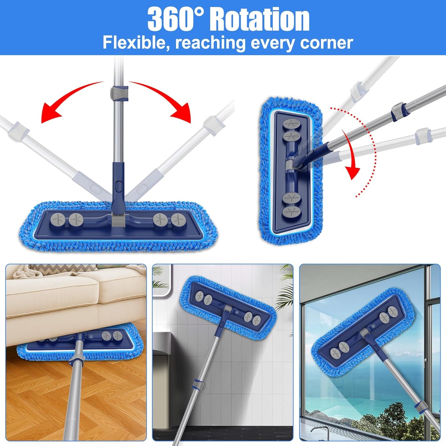 Microfiber Mops for Floor Cleaning - Dust Mop for Hardwood Floors with 55” Adjustable Handle 3 Thickened Washable Pads - Wet Dry Mopping for Pet Hairs Walls Tile Wood Laminate Home Kitchen