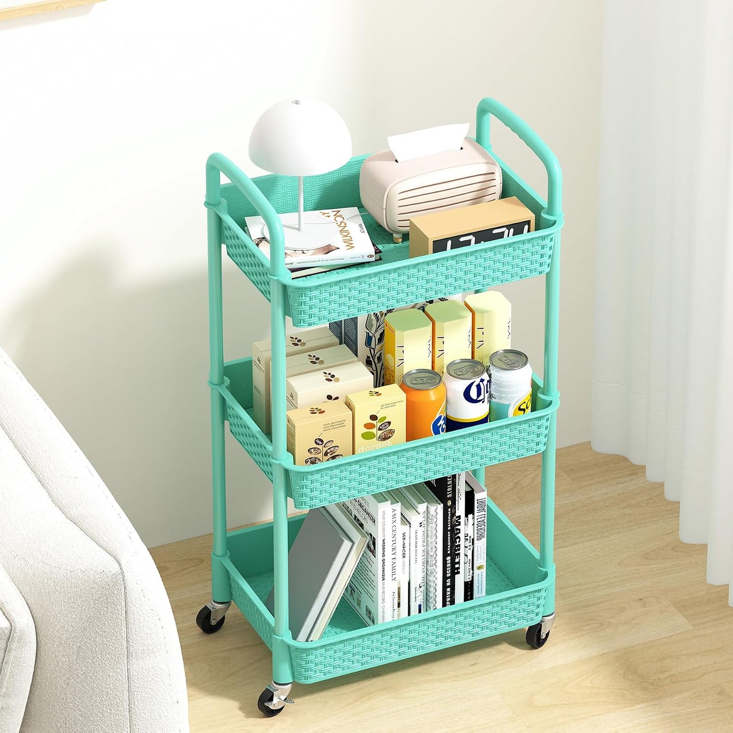 MOYIPIN 3-Tier Plastic Rolling Utility Cart with Handle,Utility Storage Cart for Office, Living Room, Kitchen,Movable Storage Organizer Shelves,White