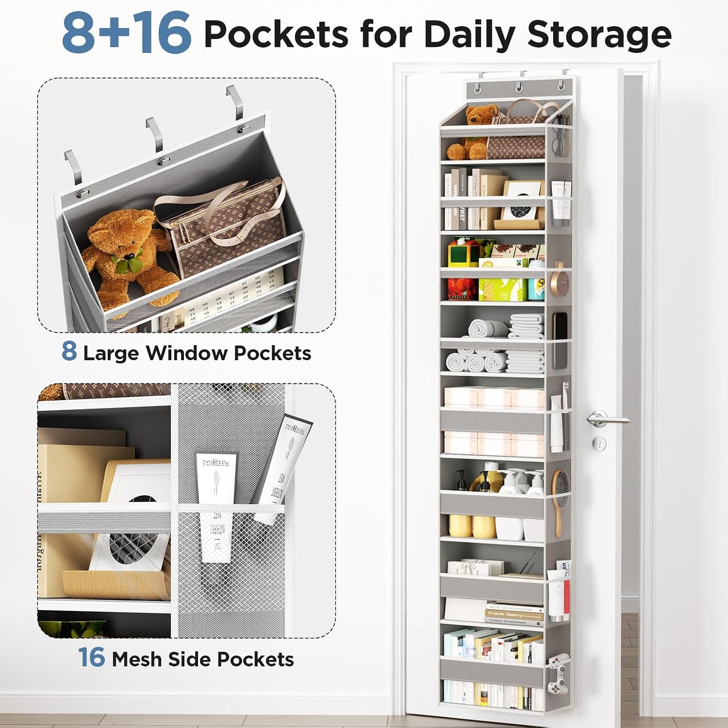 6 Tiers Over The Door Organizer, Heavy Duty Hanging Organizer Storage with Large Capacity Pockets, Behind Door Storage Hanging Shelves for Closet Wall Bathroom Bedroom Nursery Pantry, 1 Pack Grey