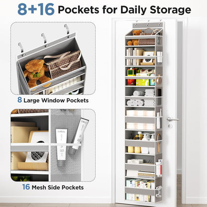 6 Tiers Over The Door Organizer, Heavy Duty Hanging Organizer Storage with Large Capacity Pockets, Behind Door Storage Hanging Shelves for Closet Wall Bathroom Bedroom Nursery Pantry, 1 Pack Grey