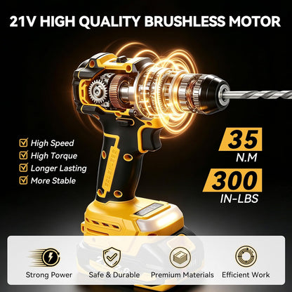 21V Brushless Cordless Drill Set, 35N.m Max Torque | 118Pcs Household Tool Kit, 2×21V 2.0Ah Batteries, Fast Charger, 2 Variable Speed, 20+3 Clutch Settings, Home Repair, DIY Gift
