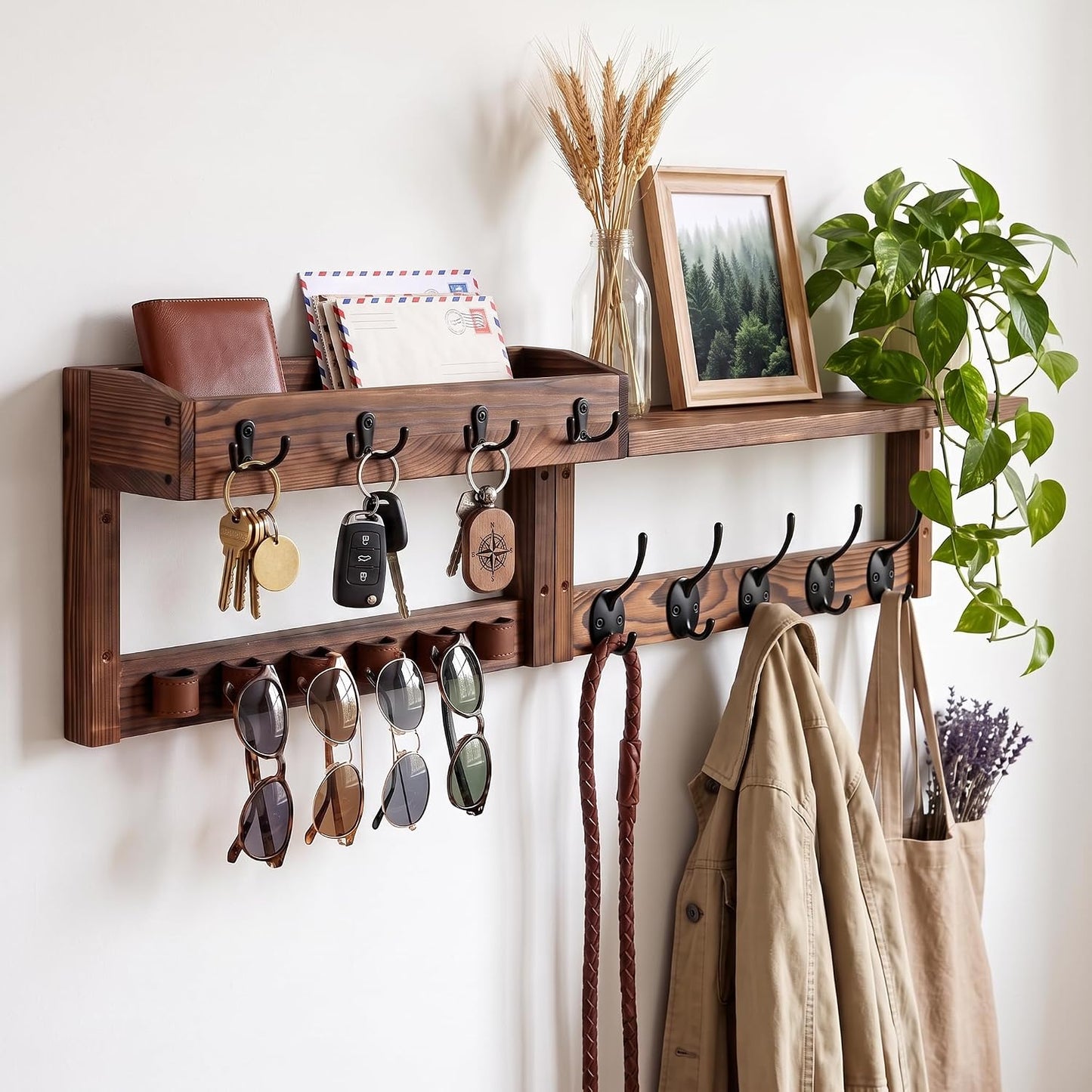 Wooden Key Holder Wall Mount with Shelf, Wall Key Rack and Mail Holder with 9 Key Hooks and 6 Sunglasses Holders, Farmhouse Key Hanger for Entryway Living Room Bedroom, Black