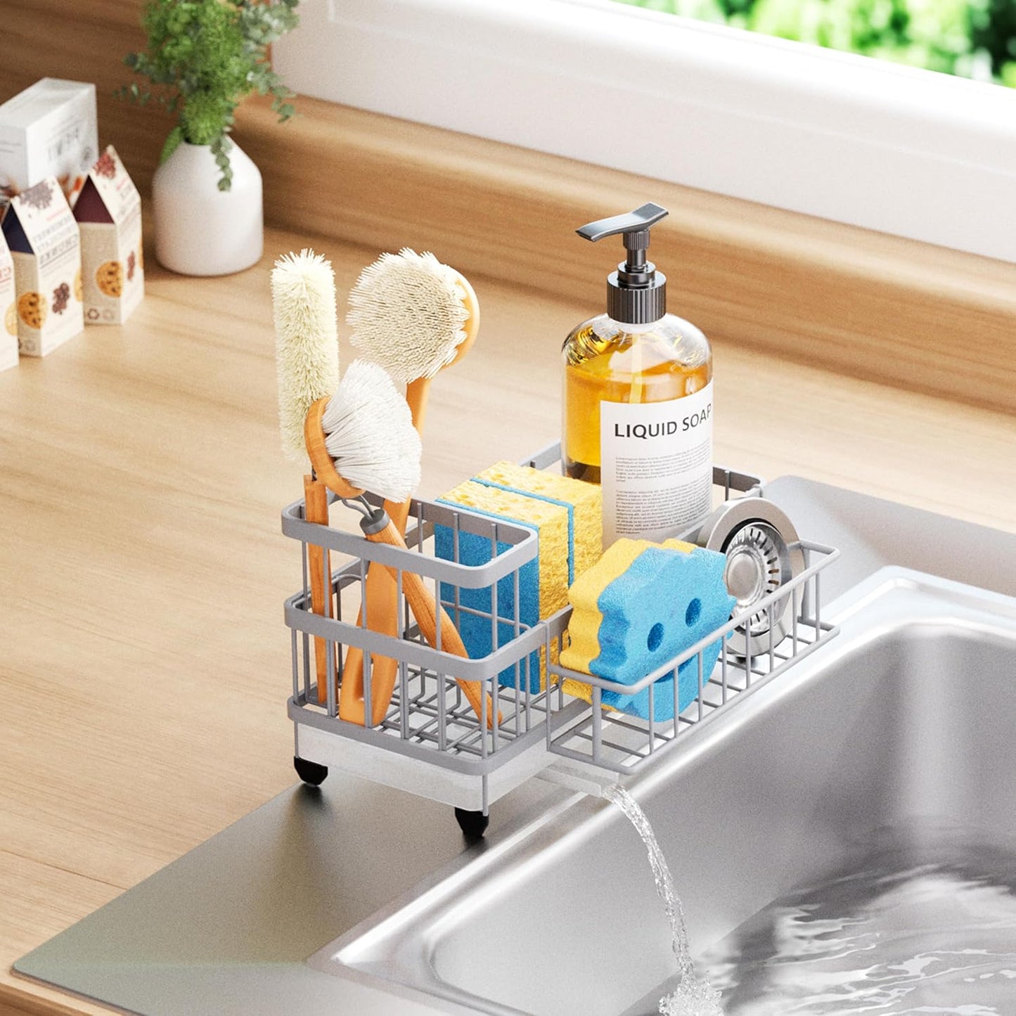 Consumest Sponge Holder for Kitchen Sink - Auto Draining Sink Caddy Organizer with Detachable Rack, High Brush Holder, Kitchen Countertop Storage Accessories, Black