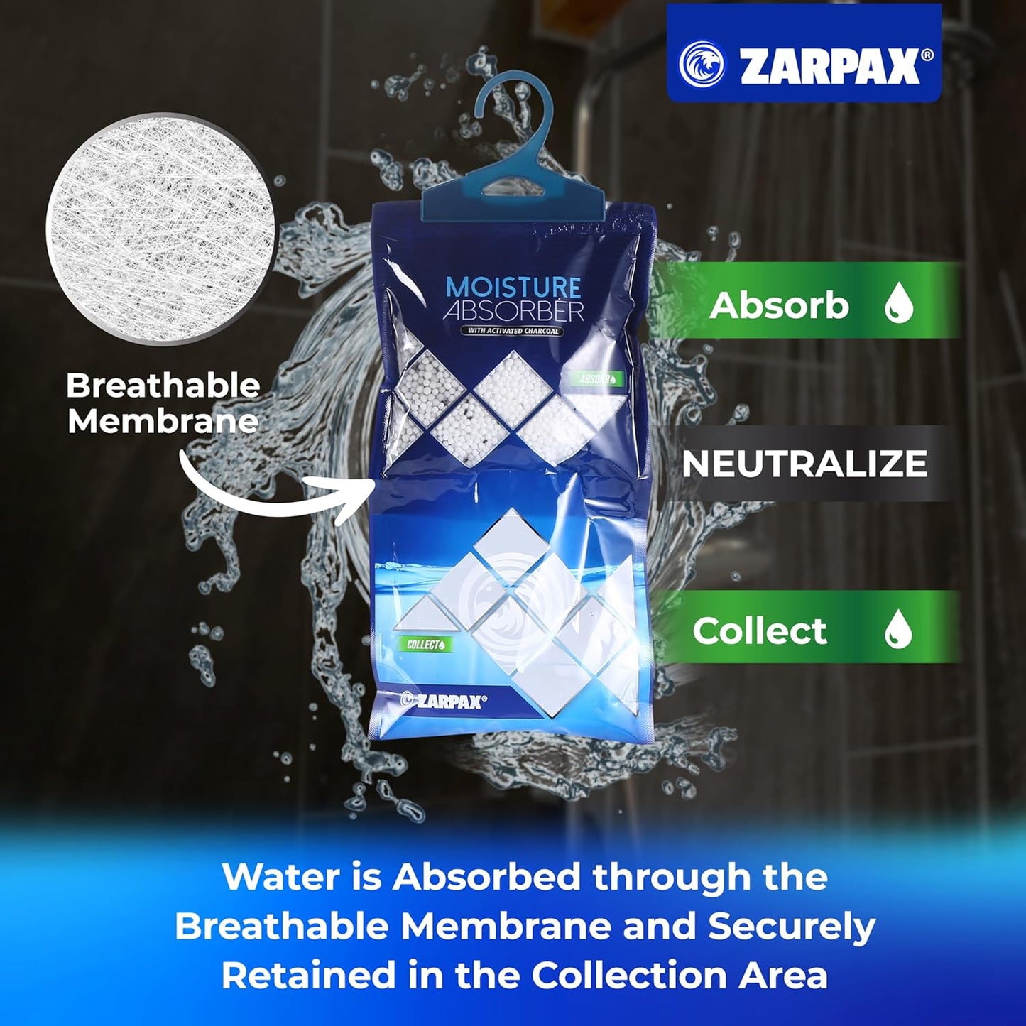 ZARPAX Hanging Moisture Absorber Fresh Cotton 10.6 oz/300g | Moisture Absorbing Bags for Bathroom, Closet, Kitchen & Vehicles | Removes Moisture, Humidity & Odors | Portable Dehumidifier | Set Of 10