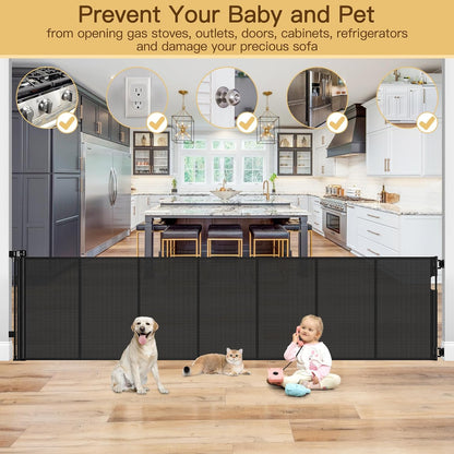 Reinforced 55" Wide Retractable Baby Gates with Reinforced Strips, Indoor/Outdoor Retractable Dog Gate for Doorway Prevent Bottom Drilling Through, No Bottom Bar Safety Mesh Baby Gate for Stair, Black