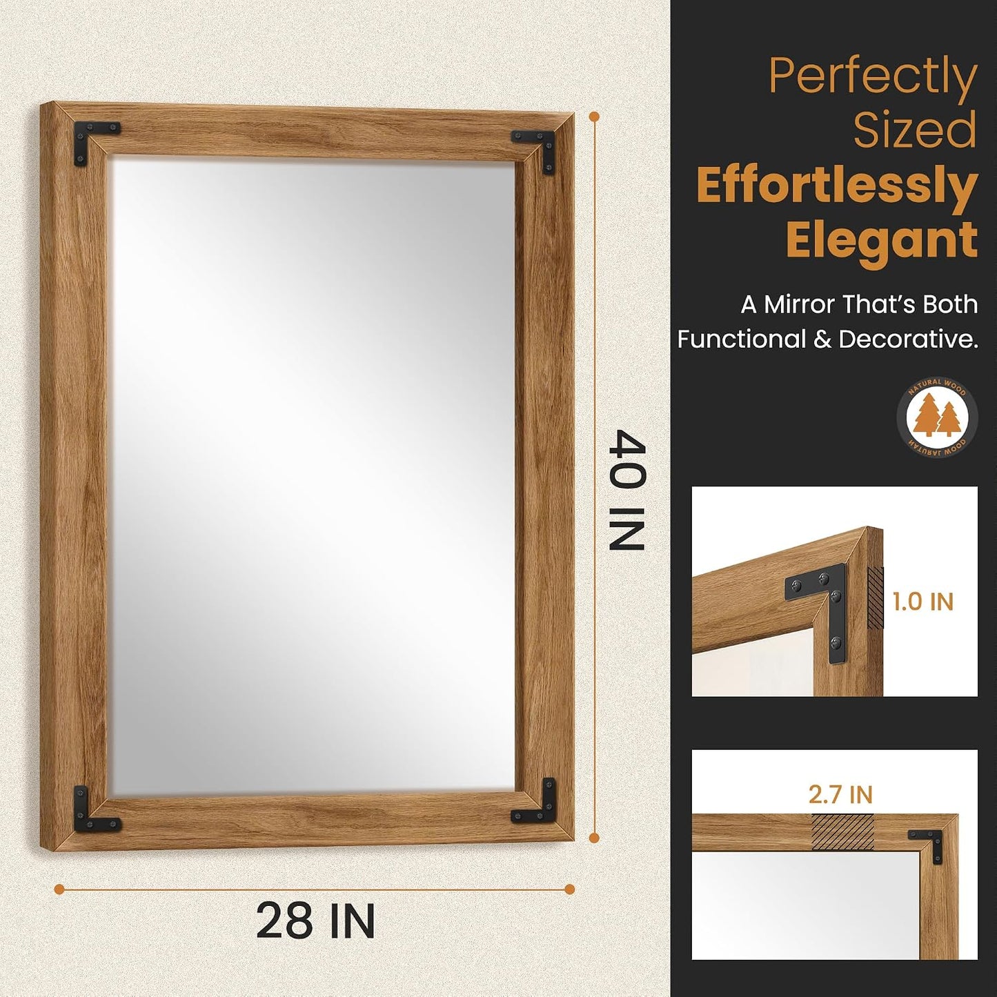 TRAHOME Full Length Mirror with Wooden Frame, 56"X22" Solid Wood Standing Floor Mirror for Farmhouse, Bathroom, Bedroom Decor, Hanging or Leaning Wall-Mounted
