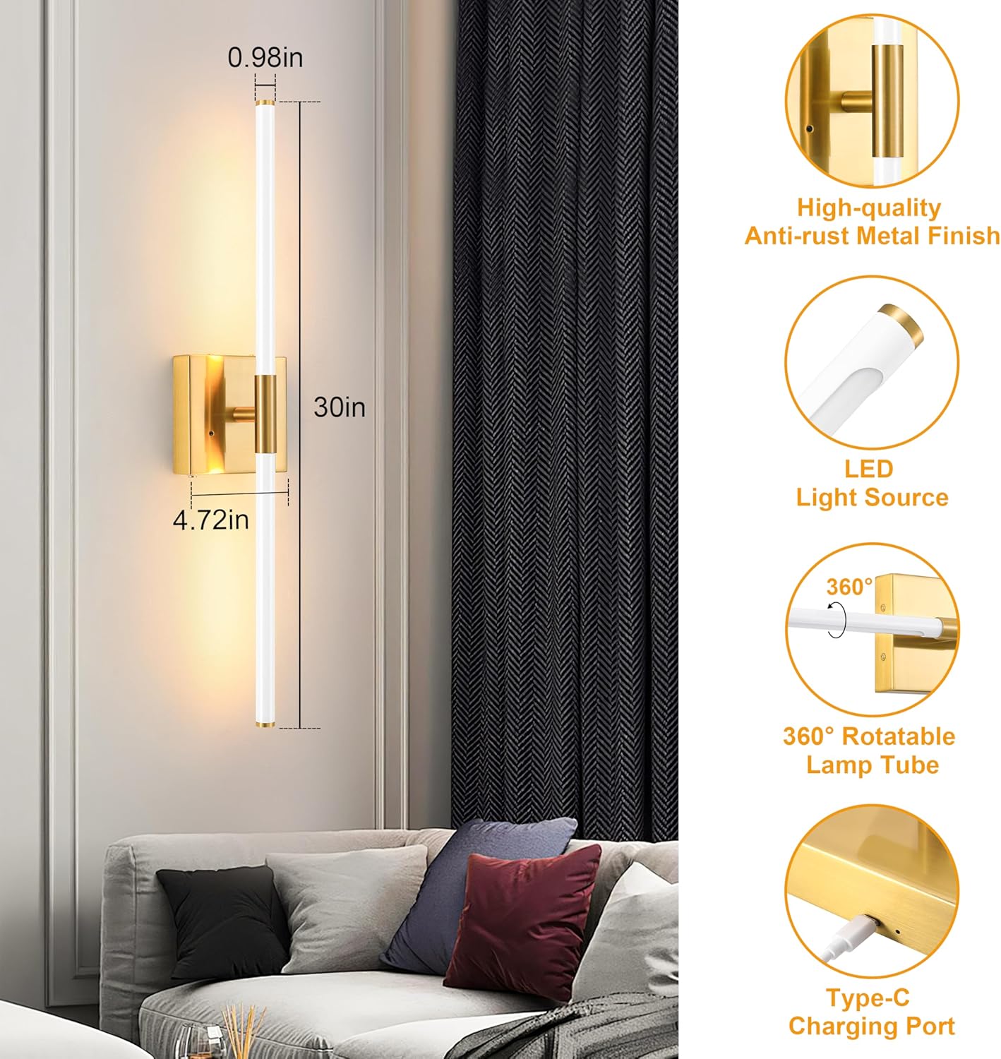 Morauroral Battery Operated Wall Sconces Set of 2, 10000mAh Rechargeable Sconces, 3000K-6000K Dimmable LED Wall Lamp with Remote, 24 Inch Black Gold Wireless Wall Lights for Bedroom, Living Room