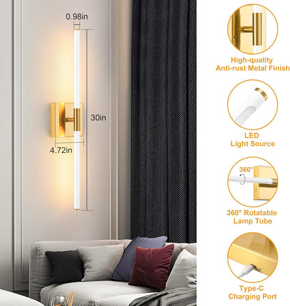 Morauroral Battery Operated Wall Sconces Set of 2, 10000mAh Rechargeable Sconces, 3000K-6000K Dimmable LED Wall Lamp with Remote, 24 Inch Black Gold Wireless Wall Lights for Bedroom, Living Room