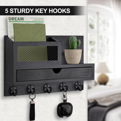 Key Holder Wall Mount, Key Holder for Wall with 5 Key Hooks and Storage Drawer Mail Organizer for Entryway Living Room Farmhouse Home Decor