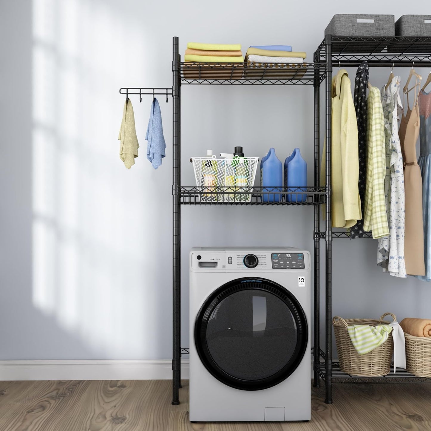 Golpart Over Washer and Dryer Shelves,Heavy Duty Laundry Room Storage Organization Clothes Drying Rack,5 Tier Adjustable Height Wire Shelving and Wire Basket with Hanger Rod&Hook,Space Saving Shelf
