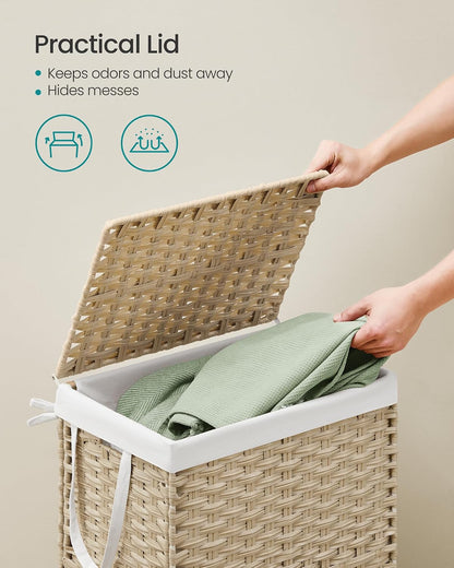 SONGMICS Laundry Hamper with Lid, 23.8 Gallon (90 L) Synthetic Rattan Clothes Laundry Basket with Lid and Handles, Foldable, Removable Liner, Chestnut Brown ULCB051K02