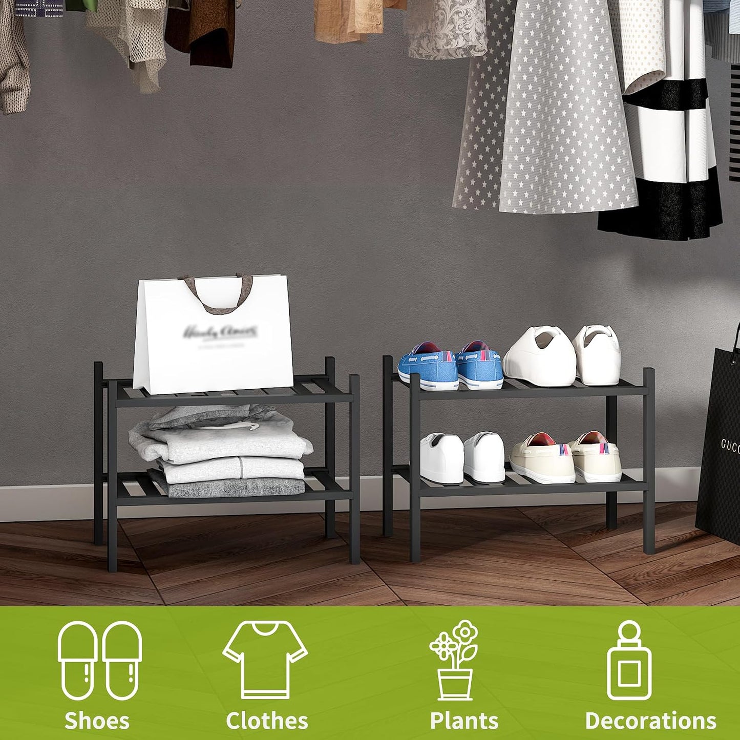 BMOSU 2-Tier Bamboo Small Shoe Rack Premium Stackable Shoe Shelf Storage Organizer for Hallway Closet Living Room Entryway Organizer (Black Bamboo)