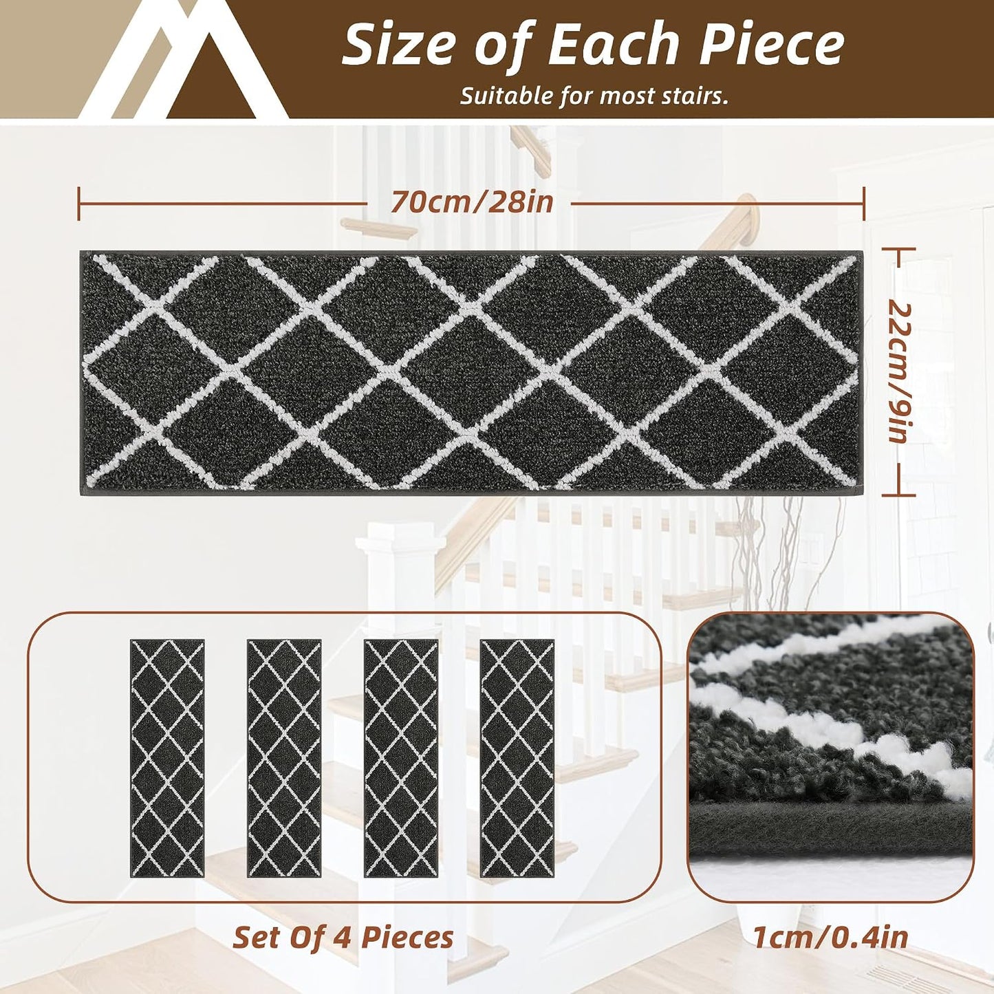 COSY HOMEER Carpet Stair Treads for Wooden Steps Non-Slip Indoor,4pcs, Navy | Peel and Stick,Reusable Adhesive,Residue Free,Washable,Pet Friendly,Soft Stair Runner for Kids,Elders,Multi-Surface Use