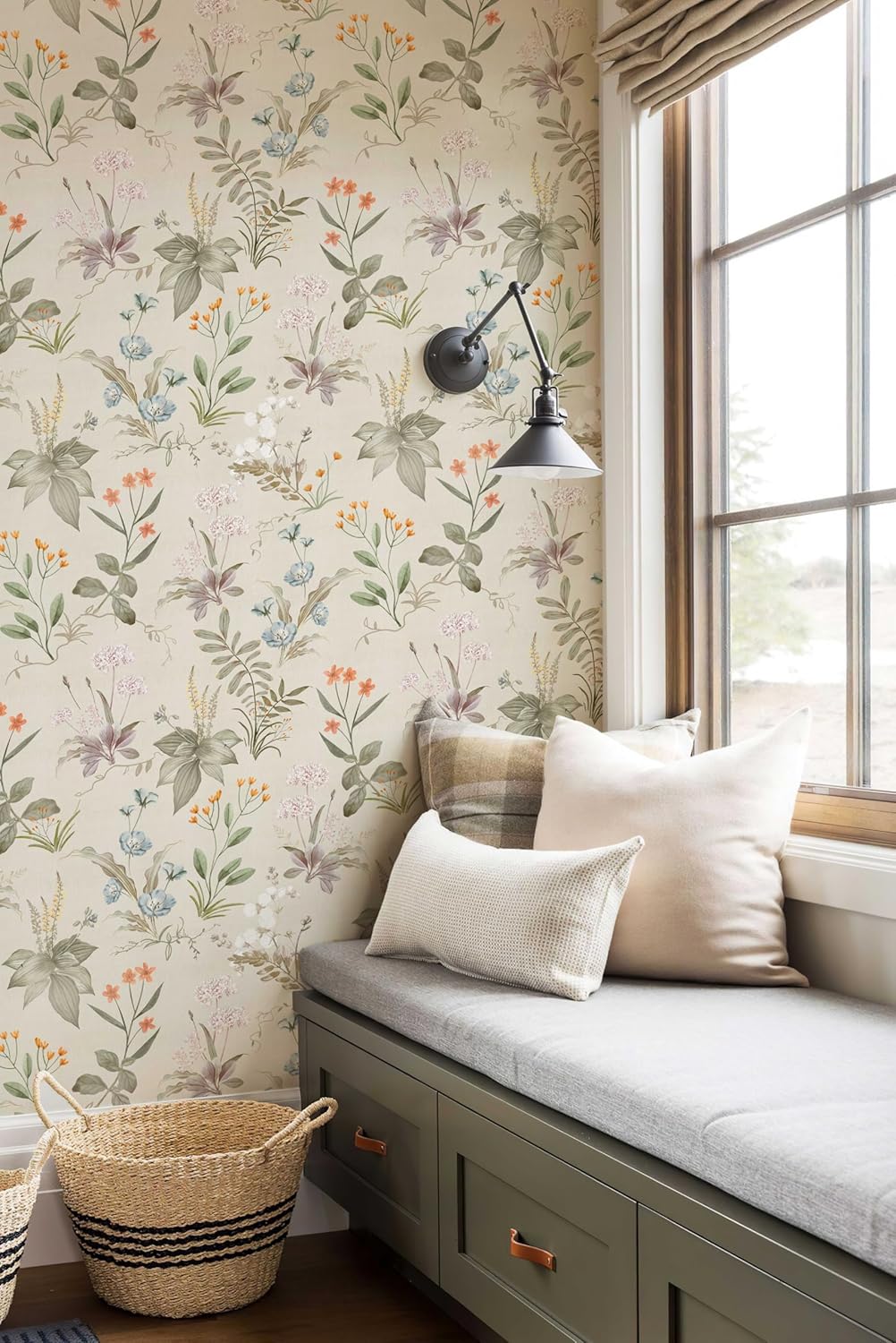Simon&Siff Vintage Wallpaper Peel and Stick Beige Floral Contact Paper Wildflowers Botanical Wall Paper Removable Renter Friendly Wallpaper 17.3in x 9.8ft