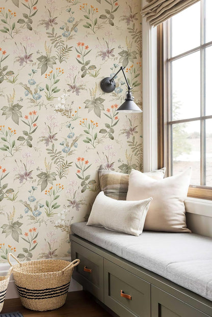 Simon&Siff Vintage Wallpaper Peel and Stick Beige Floral Contact Paper Wildflowers Botanical Wall Paper Removable Renter Friendly Wallpaper 17.3in x 9.8ft