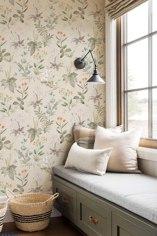 Simon&Siff Vintage Wallpaper Peel and Stick Beige Floral Contact Paper Wildflowers Botanical Wall Paper Removable Renter Friendly Wallpaper 17.3in x 9.8ft