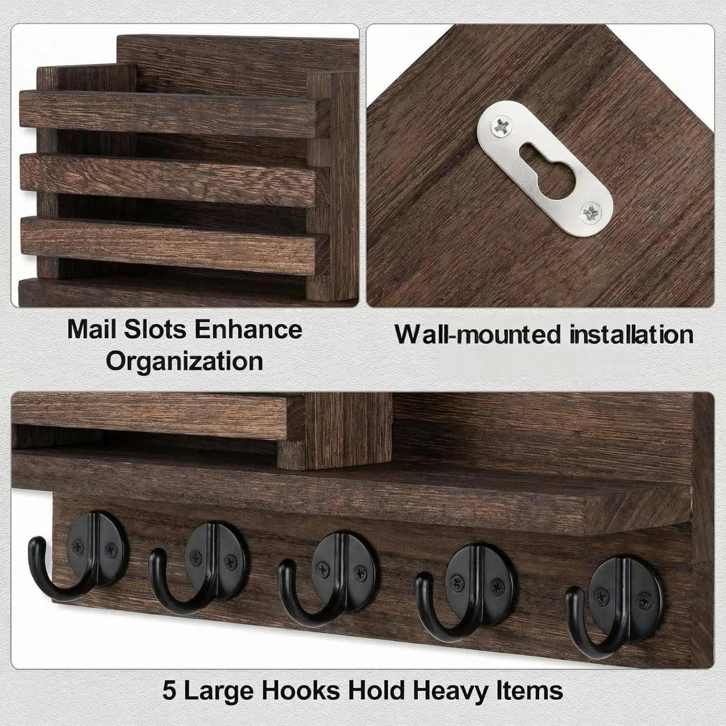 Wall Key Hook, Mail Organizer with 5 Metal Key Hooks, Decorative Key Rack Wall Mount, Tung Wood, 11.8 x 6.7 inches, Includes mounting Hardware (Brown)