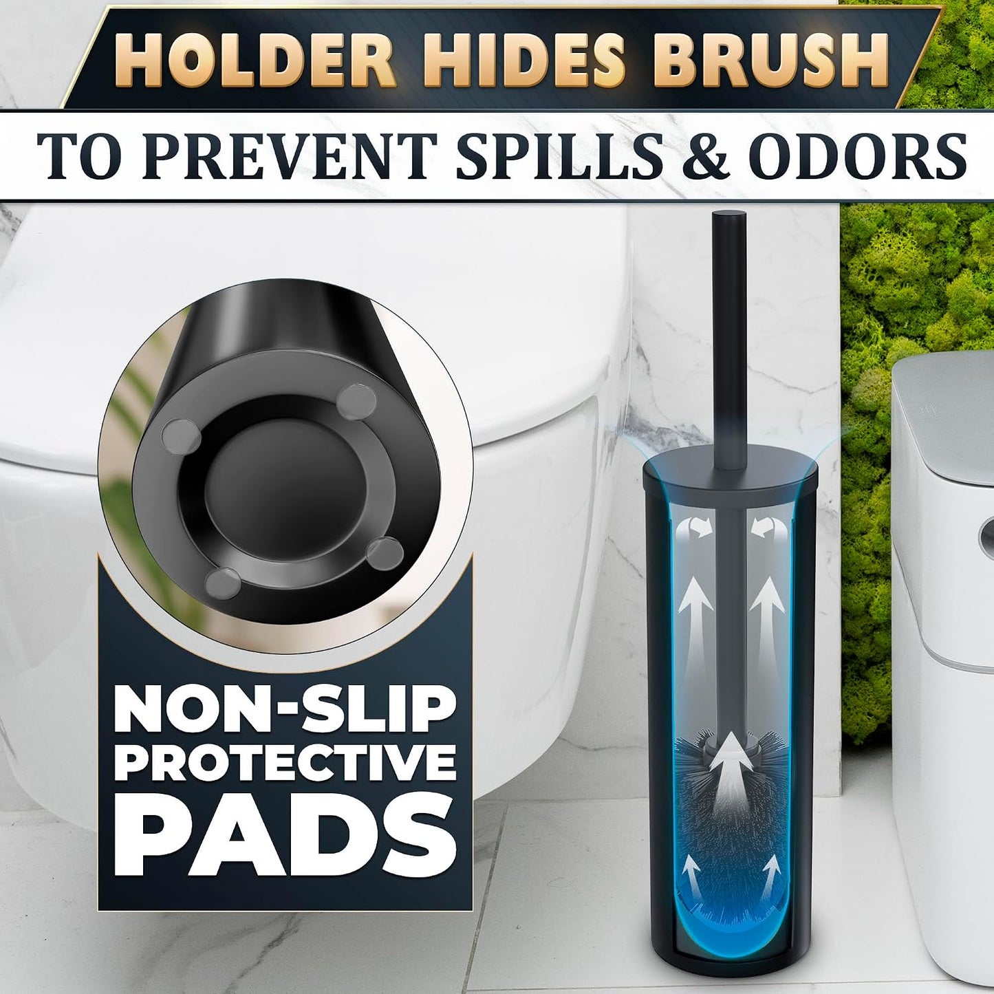 Black Toilet Brush and Holder Set - Slim Matte Design that Fits Anywhere - Stainless Steel Toilet Bowl Brush and Holder with 2 Rounded Corners, Replaceable Head, Removable Inner Bowl & Splash Guard