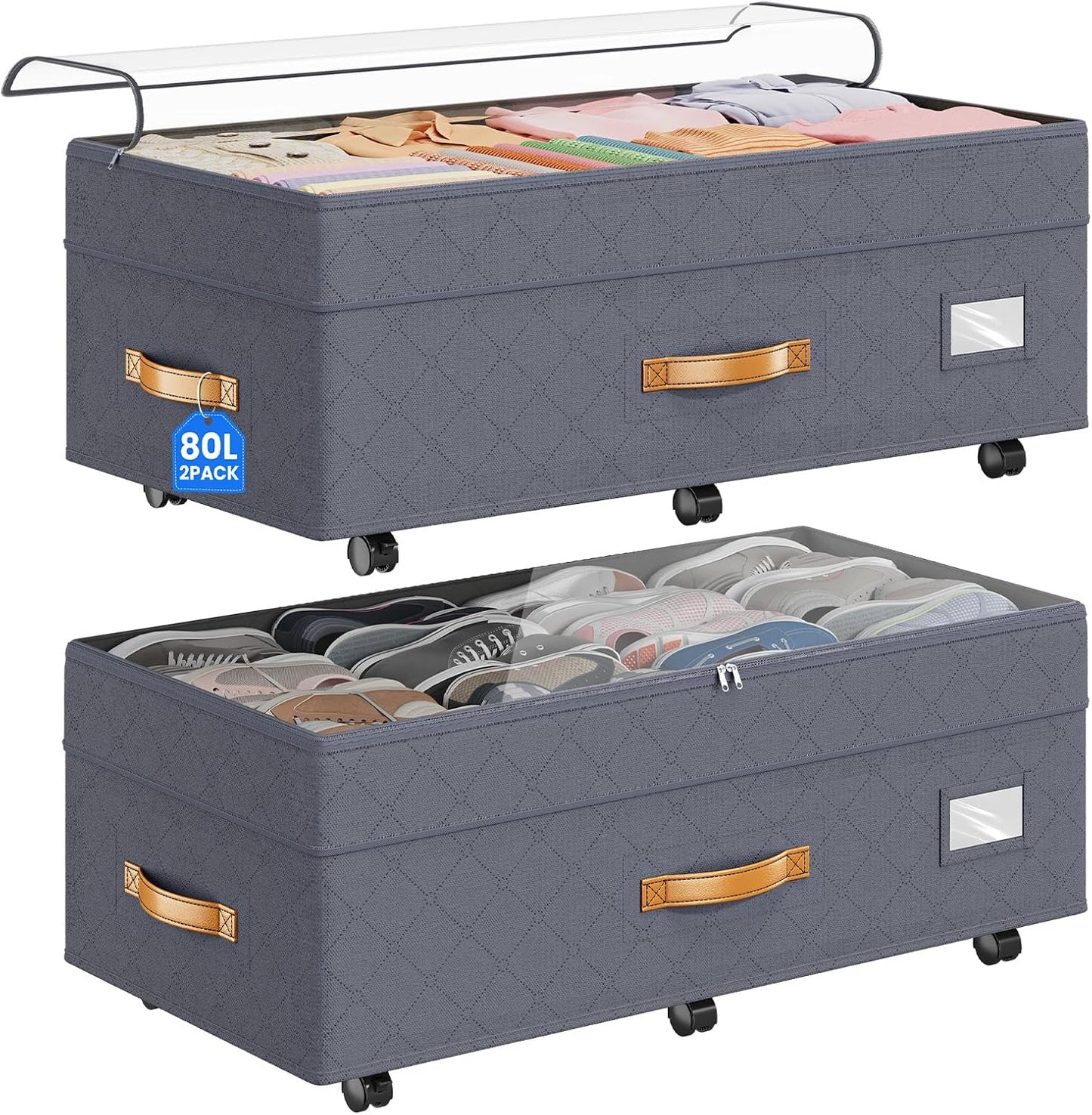 Budding Joy 80L 2 Pack Adjustable Under Bed Storage with Wheels | Underbed containers with clear lids, rolling under bed shoe storage organizer for dorm home clothes, blankets, toys, black