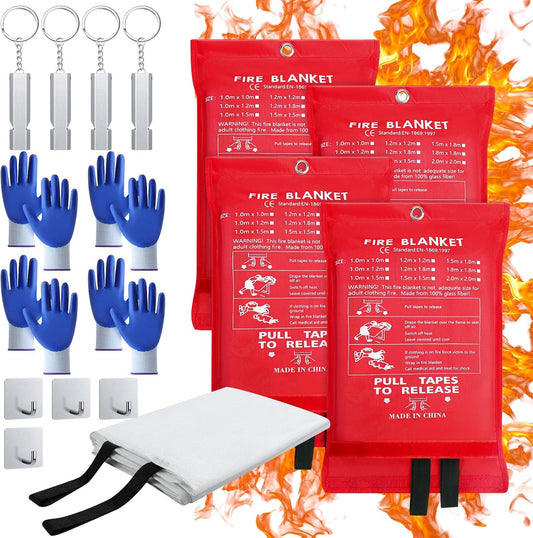 Copkim 4 Pack Fire Blankets for Home and Kitchen 47''x47'' Emergency Fire Blanket for Fiberglass Fire Suppression Blanket with Hook Gloves Whistles Fire Safety Blanket for Car Camping Grill Office BBQ