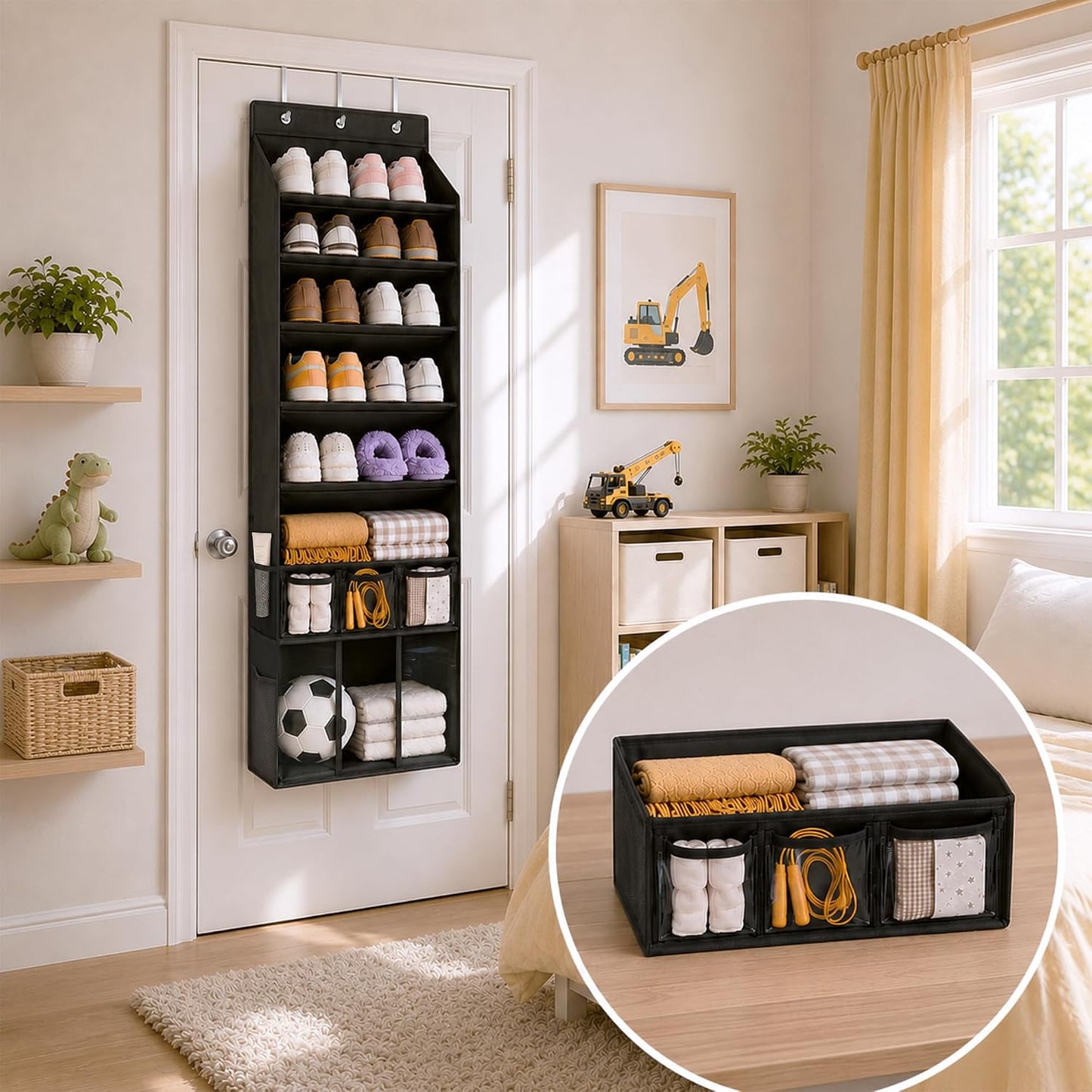 3in1 Over The Door Shoe Organizer with 5 Slanted Compartments,Removable Storage Bin & Transparent Pockets,Thickened Waterproof Oxford Fabric Shoes Rack for Shoes,Boots,Toys,Daily Essentials. (Beige)