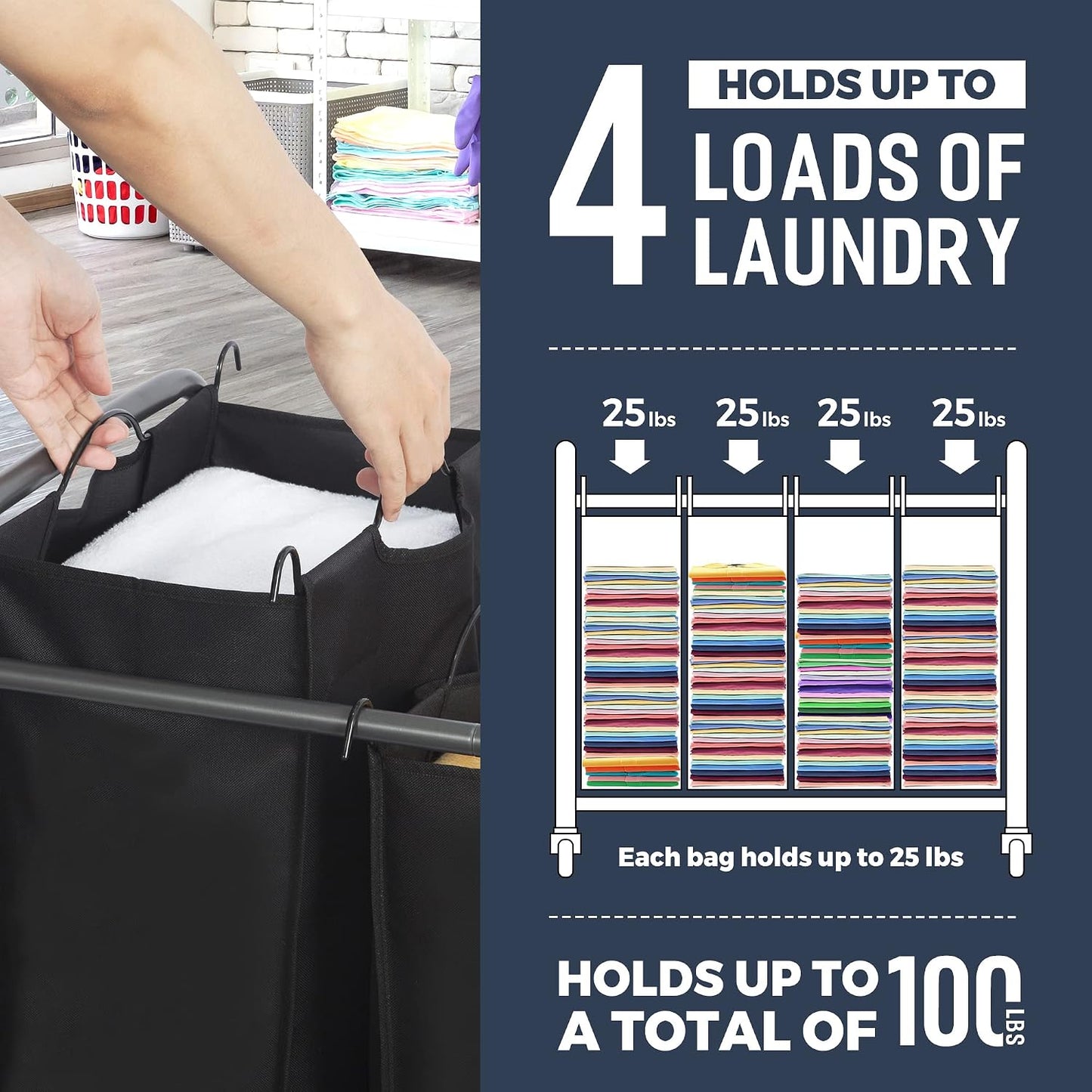 STO STO Laundry Sorter 3 Section, 3 Bag Clothes Hamper, Rolling Laundry Cart Basket with Heavy Duty Lockable Wheels and Removable Bag for Laundry Room, Bedroom, Closet, Gray