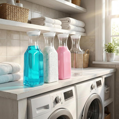 Goaste 4 Pack Laundry Detergent Dispenser, 54oz Laundry Soap Dispenser Bottle with Waterproof Label, Liquid Laundry Detergent Container, Plastic Fabric Softener Organizer for Bleach Powder Beads