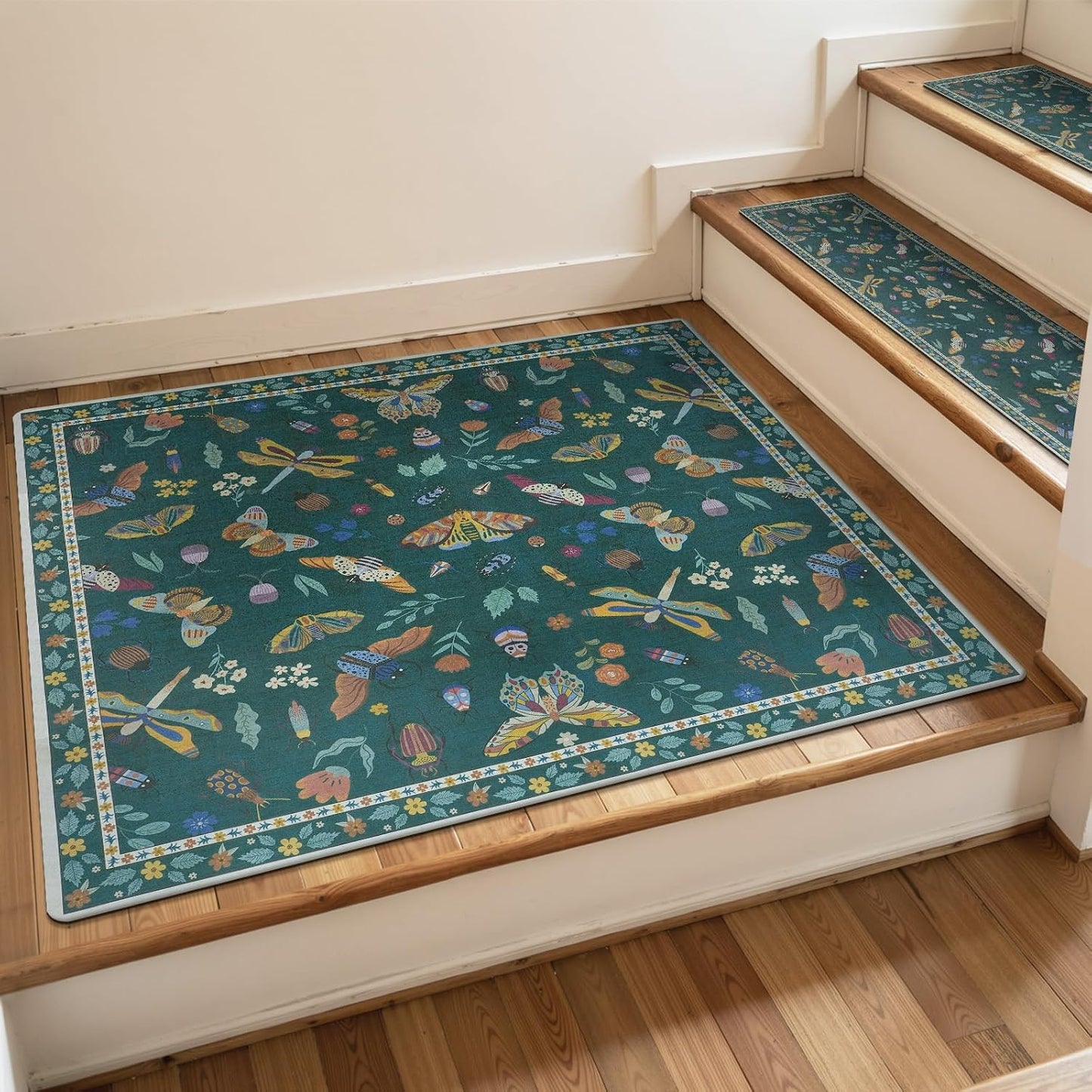 OJIA Insect Print Stair Treads Non Slip Stair Runners for Wooden Steps Indoor, 15PCS 8"x30" Rubber Backing Carpet Treads for Wood Stairs Staircase Step Treads for Kids & Dogs, Stair Covers, Black