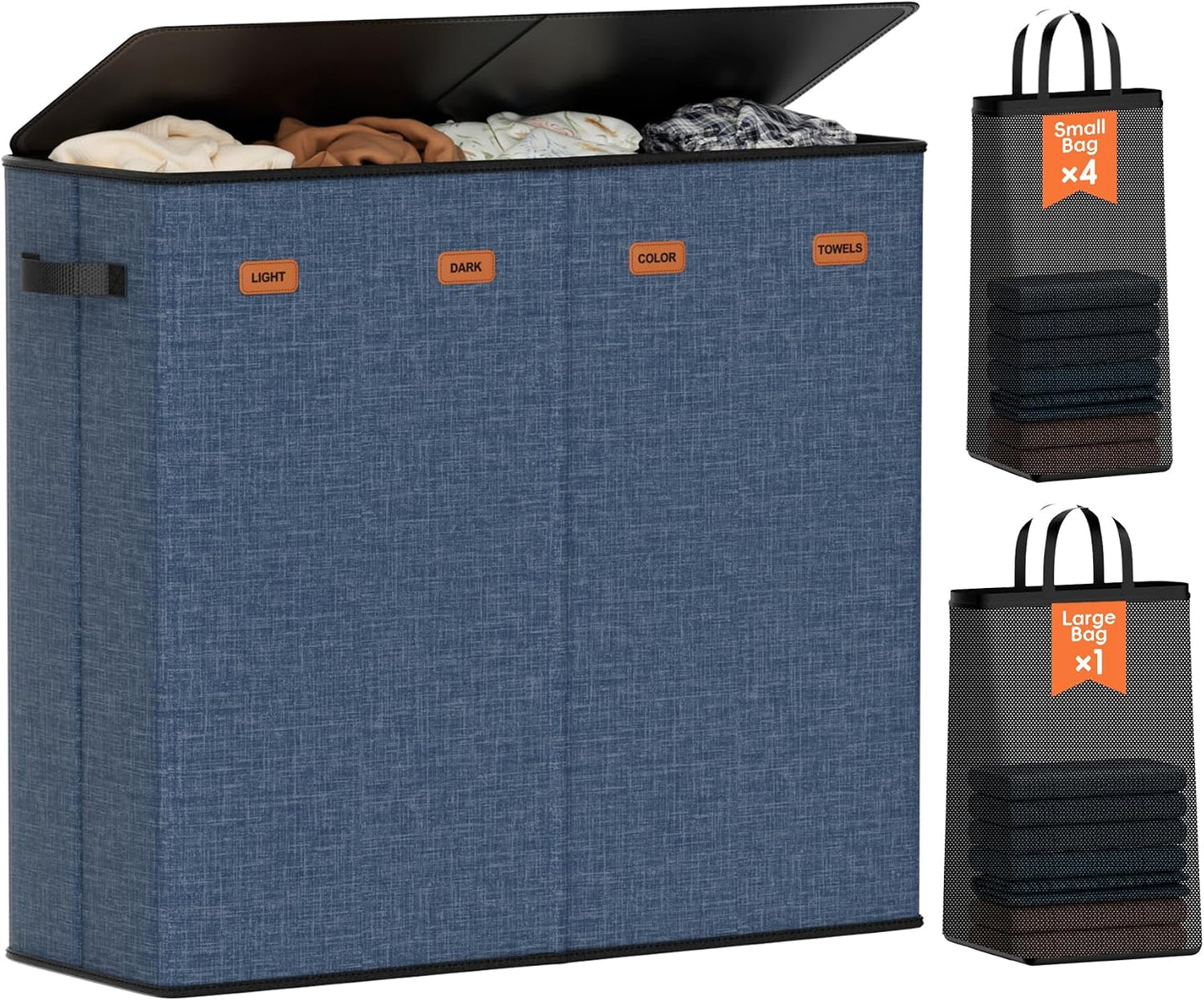 185L Laundry Hamper 3 Section, Laundry Hamper with Lid, Dirty Clothes Hamper with 3 Removable Washing Bags, Extra Large Laundry Basket Organizer for Bedroom, Laundry Room, Dorm - Black