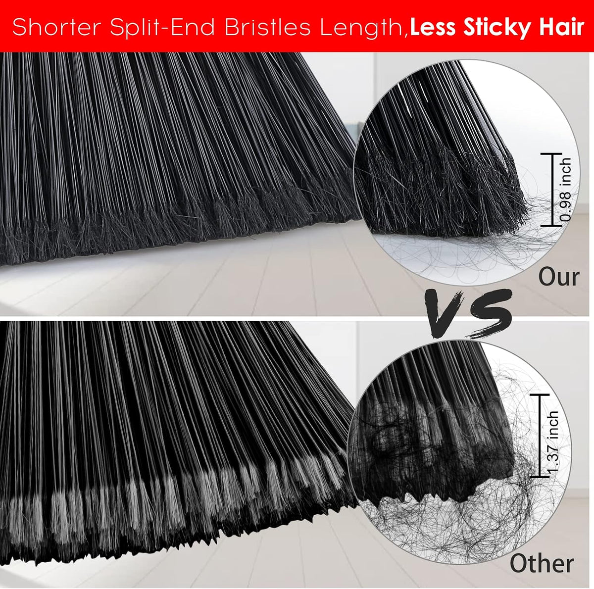 Tiumso Heavy Duty Angle Broom - 55" Adjustable Iron Handle with Stiff Bristles - Commercial-Grade Indoor/Outdoor Broom for Garage, Patio, Kitchen, Sidewalk & Concrete Cleaning (Black & Red)
