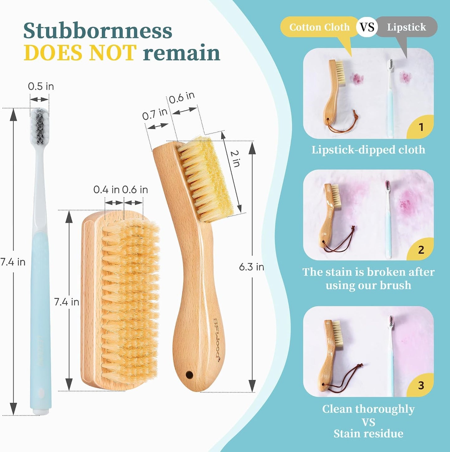 BFWood Laundry Stain Brush, Natural Soft Boar Bristles, Removes Tough Stains from Delicate Fabrics Like Knits, Cotton, and Linens, Gentle on Fabrics, No Damage