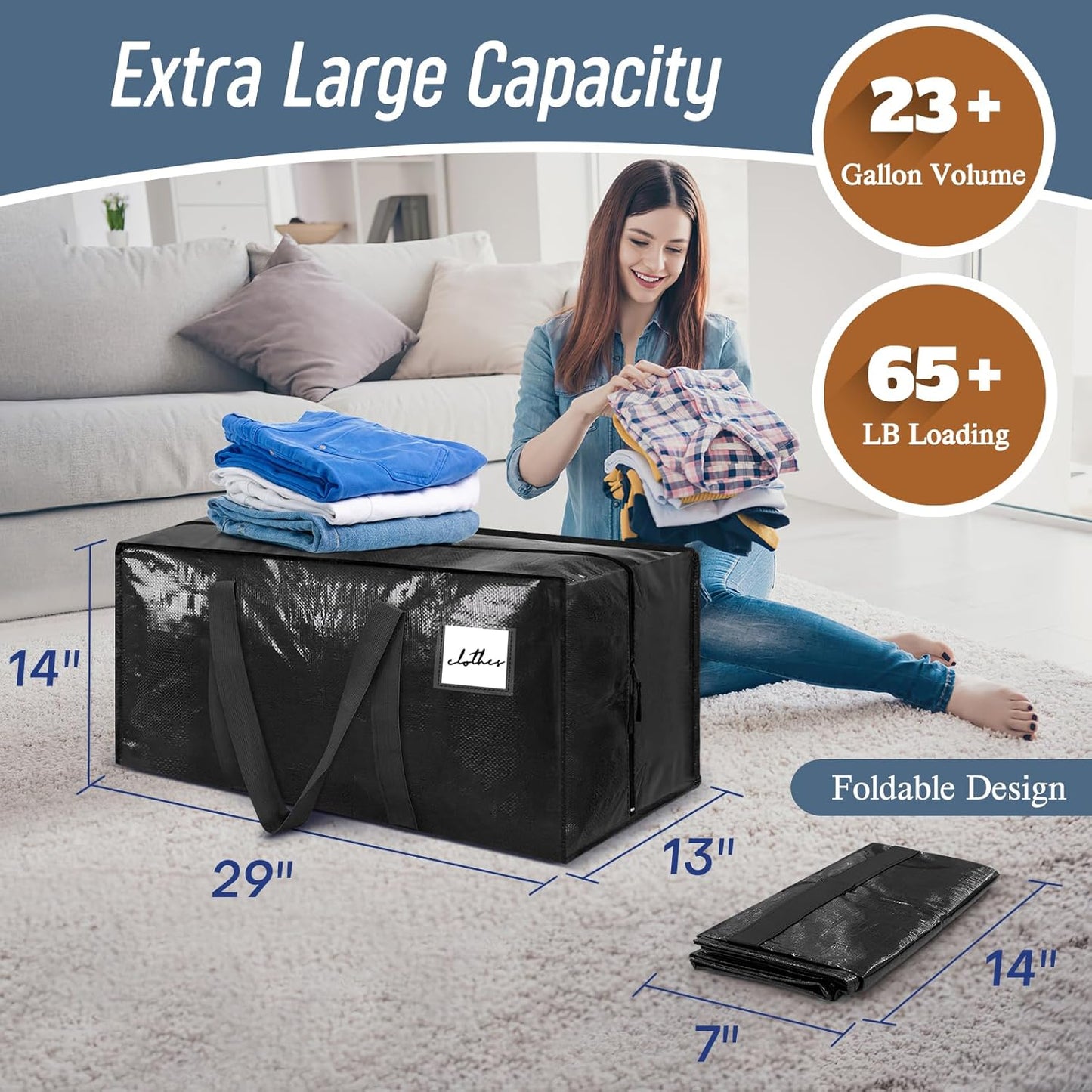 6 Pack Extra Heavy Duty Large Moving Bags with Strong Zipper & Comfortable Handles, Sturdy & Durable Clothes Storage Bags Totes Bins, Blue Packing Moving Boxes for College Supplies, Dark Blue