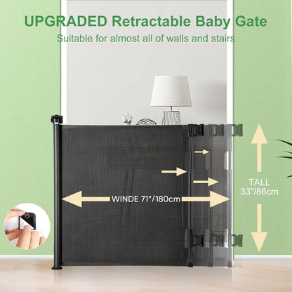 Retractable Baby Gate for Stairs & Doorways, 33" Tall Extends to 71" Wide | Extra Wide Safety Kid Pet Gate, Mesh Dog Gate for Indoor,Outdoor, Hallways One-Handed Operation, Easy Install(33”x71”-Black)