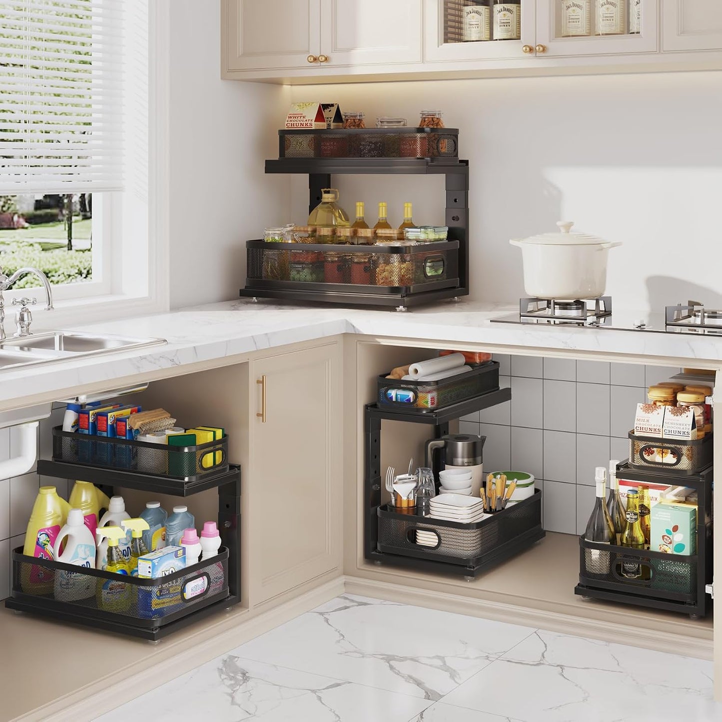 2 Pack 18.5IN-Depth Under Sink Organizer With Next-Gen Ball-Bearing Slides,2-Tier Precision Mesh Pull Out Cabinet Storage for Bathroom&Kitchen,Height Adjustable Drawers Shelf,Anti-rust-White