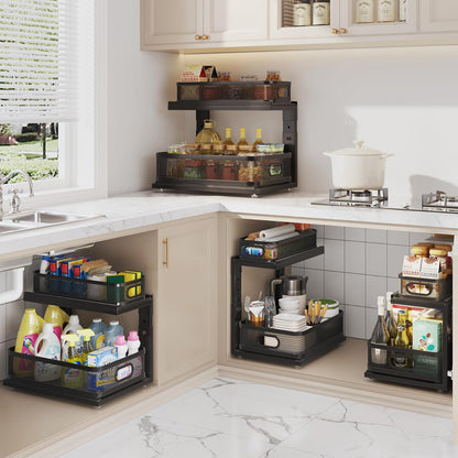 2 Pack 18.5IN-Depth Under Sink Organizer With Next-Gen Ball-Bearing Slides,2-Tier Precision Mesh Pull Out Cabinet Storage for Bathroom&Kitchen,Height Adjustable Drawers Shelf,Anti-rust-White